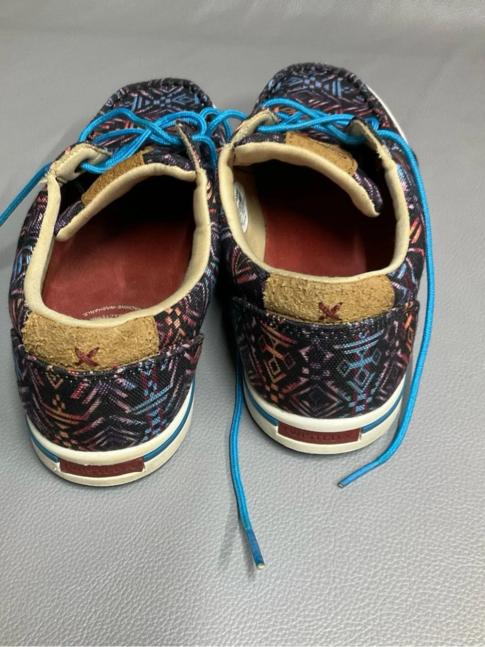 Twisted X Men’s Black Aztec-Print Boat Shoes with Bright Blue Laces